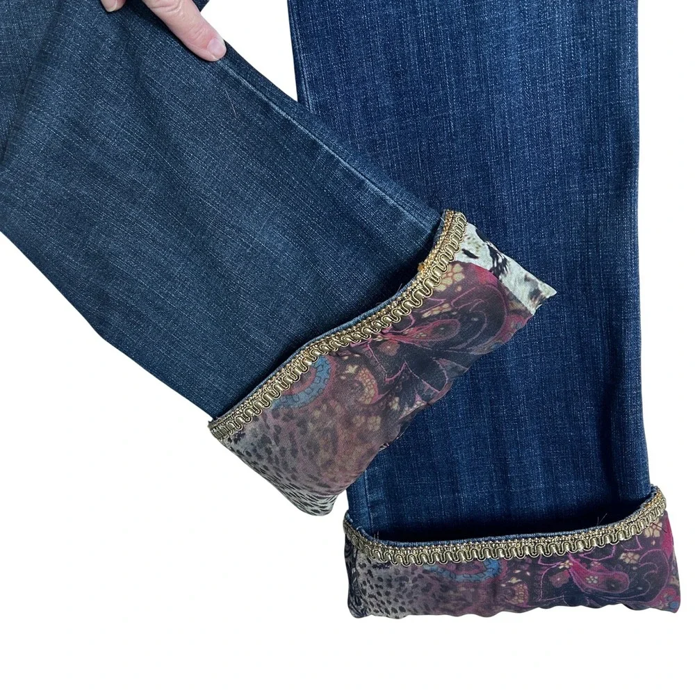 Boho Chic Embellished Denim Jeans Blue Floral Rhinestone Tassel Cuff Women's - Picture 5 of 16